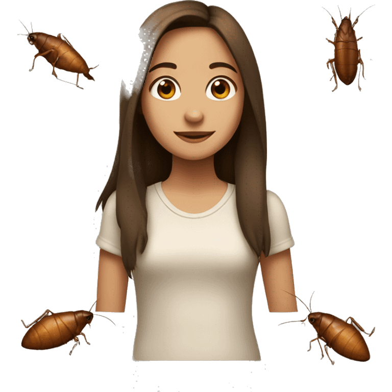 a slightly tan brown haired girl standing next to a roach  emoji