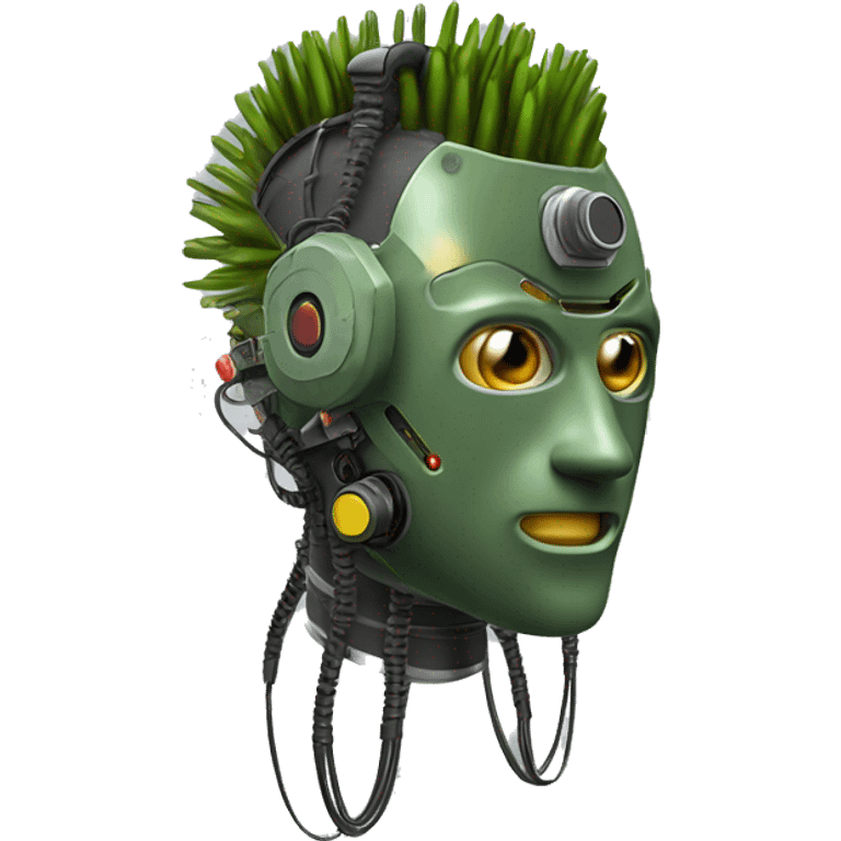 Olive green mohawk cyborg head with respirator mask and circuits emoji