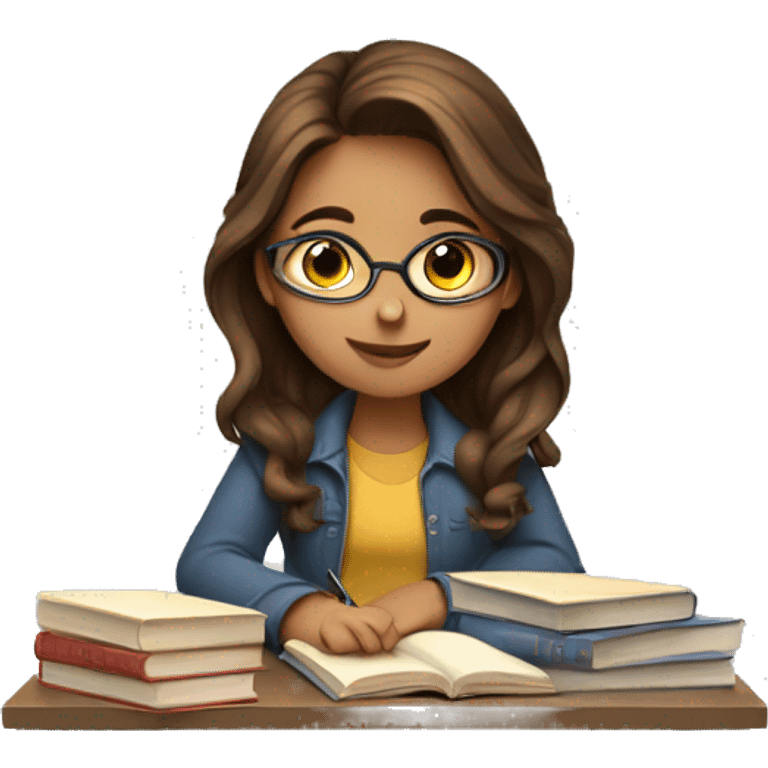 Girl with brown hair studying with lots of books emoji