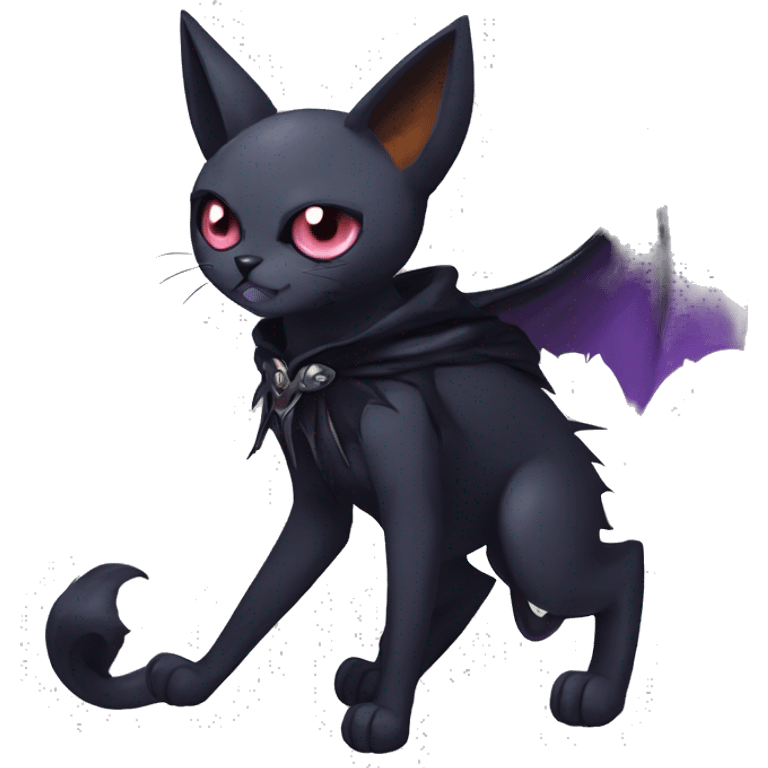   cool edgy beautiful anime-style ethereal dark-punk-themed animal vampiric cat-hybrid Fakemon with fangs and bat-wing-ears with a cape full body emoji