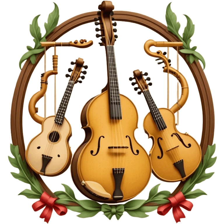 Design a sophisticated, festive, and professional emblem-like emoji representing both plucked and string instruments. The composition should resemble a heraldic crest, featuring a harmonious blend of instruments like a banjo, mandolin, domra, sitar, and others. The necks of these instruments should intertwine gracefully with a flowing ribbon of musical notes, wrapping around the strings and headstocks. The instruments should be artistically detailed, with decorative fretboards, intricate inlays, and ornate carved elements. The overall design should evoke a sense of elegance and craftsmanship, with a color palette of gold, deep wood tones, and rich accents. Include subtle highlights to create depth and dimension, with ornamental flourishes like laurel branches or swirling patterns around the central instruments. The background should be transparent to allow the emblem to stand alone. emoji