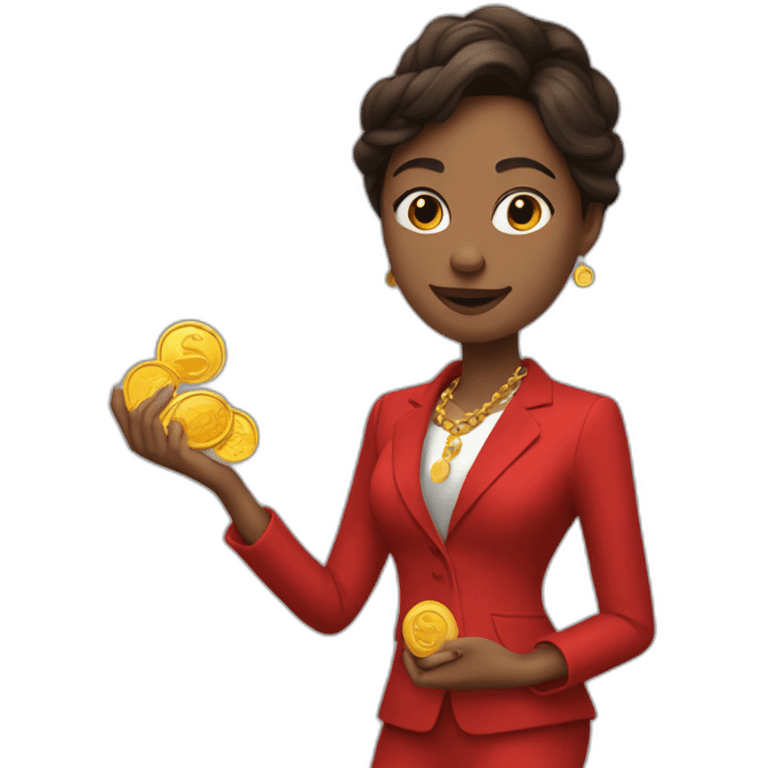 Posh-woman-with-red-suit-holding-golden-coins emoji