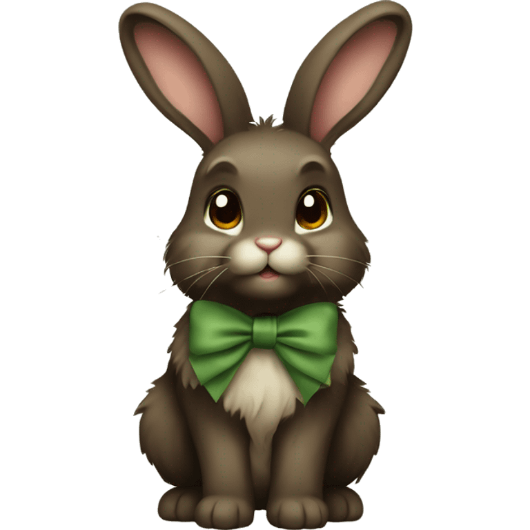 Dark brown cute fluffy rabbit with khaki green bow full body emoji