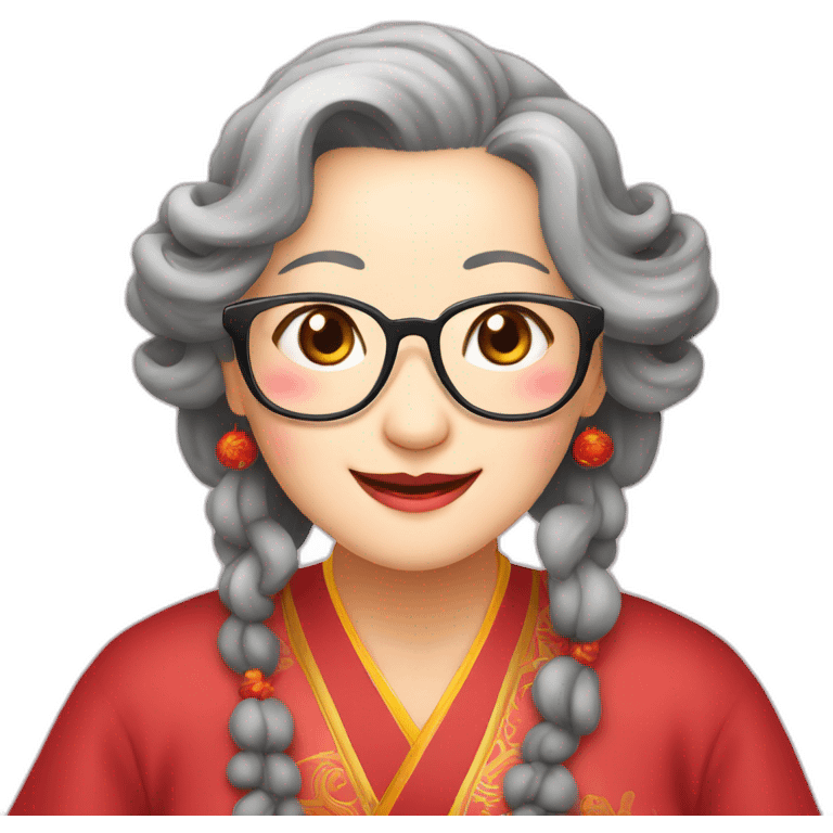 Chinese seniors lady wear glasses has wavy long hair wear Chinese traditional dress show appreciation sign emoji