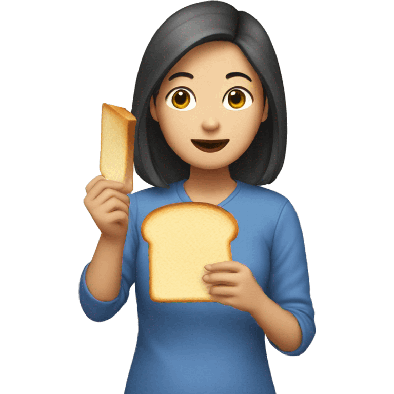 “A medium-length haired Asian woman holding a piece of toast with an egg on it in her mouth.” emoji