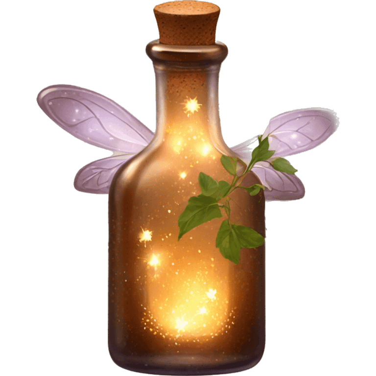 Brown magic fairy light sparkling old Antique bottle with poison and with herbal and flowers emoji