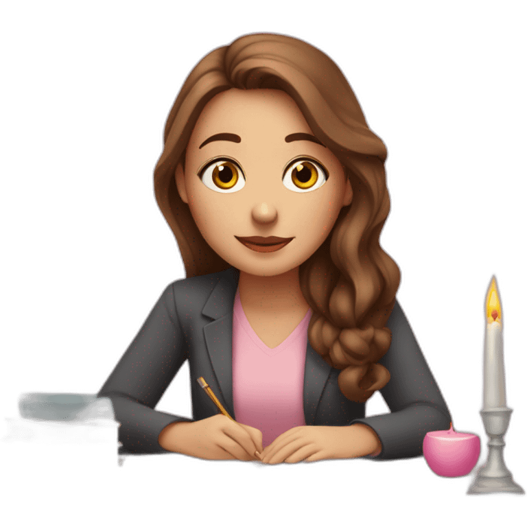 white girl with brown hair lights pink candles and studies at her desk emoji