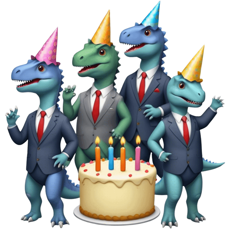 office dinosaurs in office suits celebrating birthday emoji