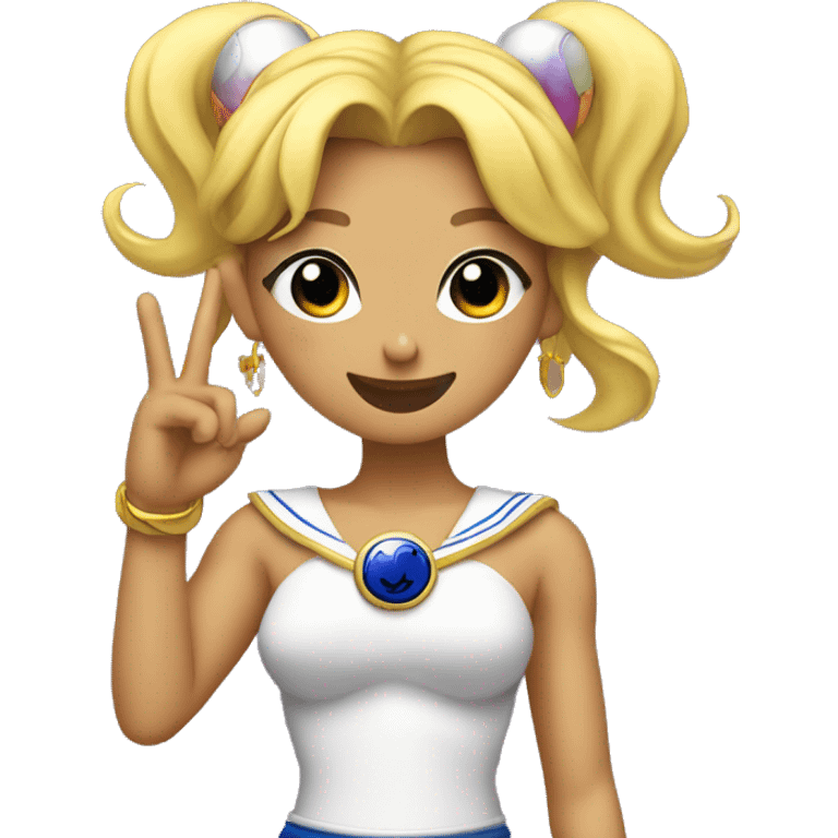 Sailormoon posing with one eye closed, a smile and holding up the peace sign using two fingers emoji