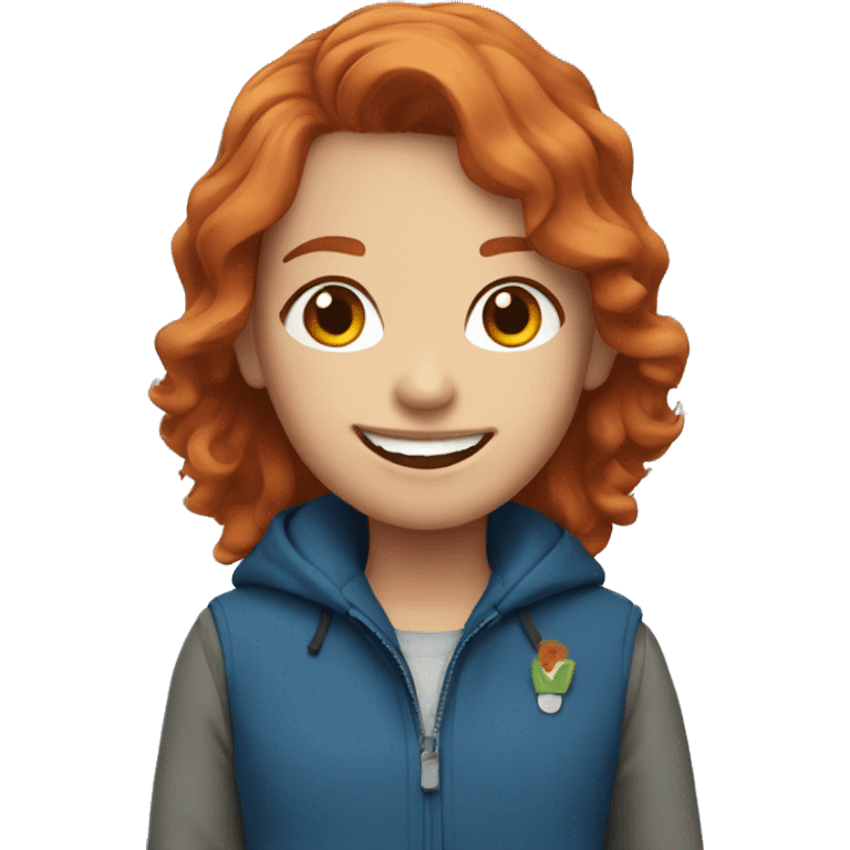 red-haired girl in a blue jacket, smiling emoji