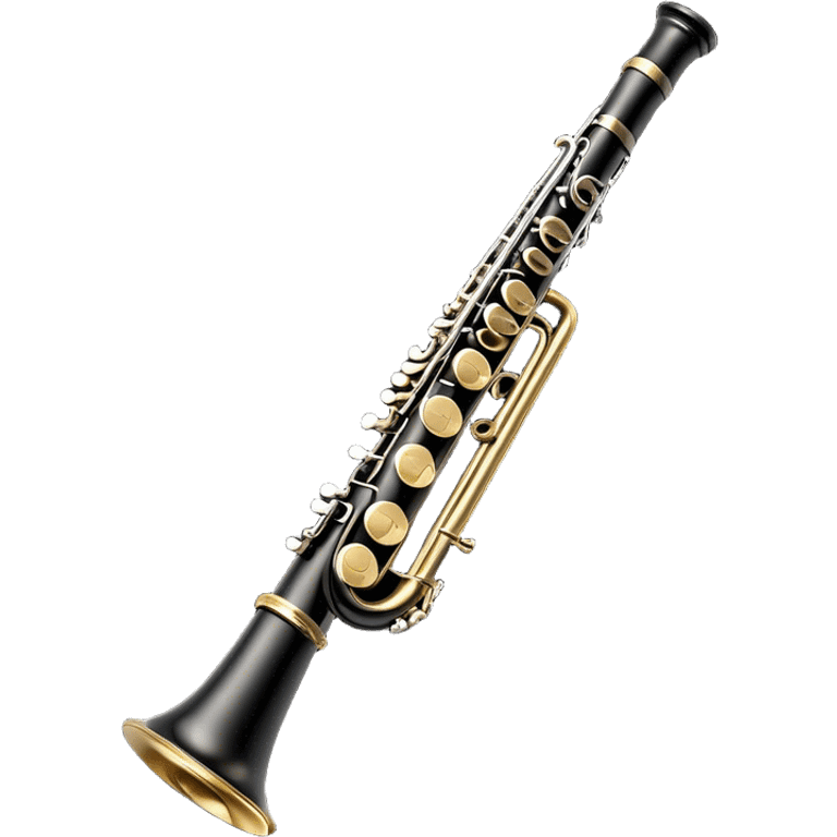 Create an elegant and detailed emoji representing a clarinet. The design should feature the sleek, black wood finish of the clarinet with its shiny metal keys clearly visible. Highlight the intricate details, such as the bell at the end and the carefully crafted mouthpiece with the reed. Use black wood tones for the body of the instrument and silver or brass accents for the keys. Add subtle musical notes or soundwaves floating around the instrument to evoke the smooth, melodic sound of the clarinet. The background should be transparent. emoji