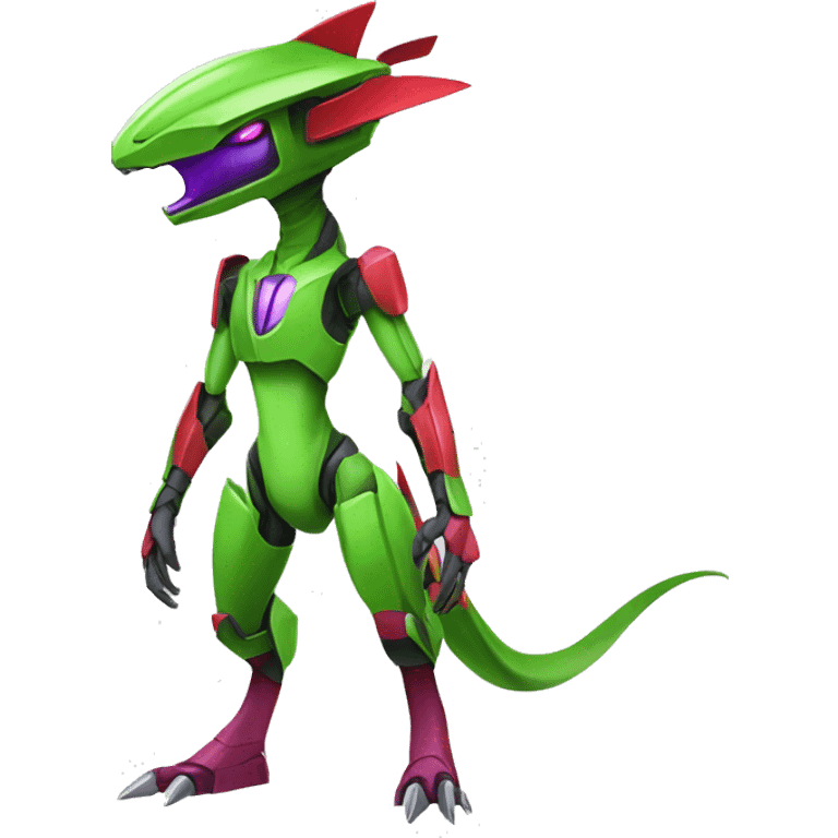 a purple-green-red Genesect-Raptor-Fakémon—hybrid with a futuristic visor-helmet full body emoji