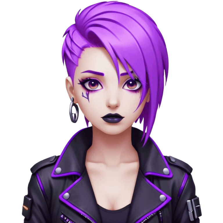 A cyberpunk hacker with neon purple hair, black leather jacket, and glowing screens. emoji