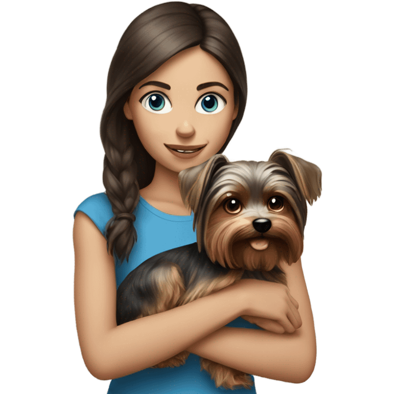 Realistic brunette girl with bright blue eyes holding Yorkshire terrier  emoji