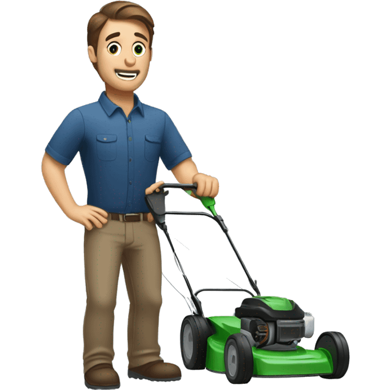 man with brown hair, mowing the lawn, talking on the phone  emoji