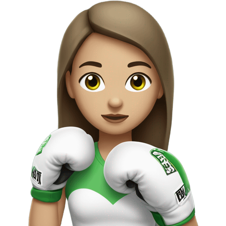 A girl with brown straight hair and green eyes, light skin, wearing white boxing gloves. emoji