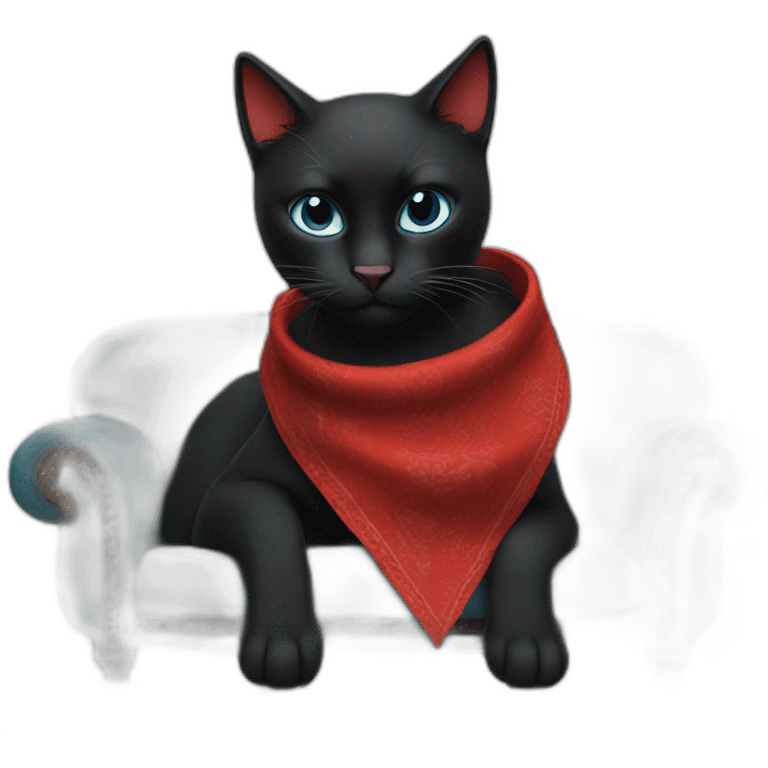 A black cat with a red bandana clawing at a blue sofa emoji