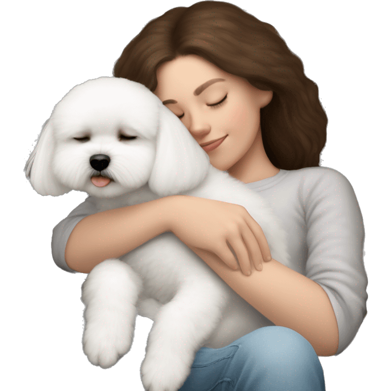 White dog Bichon Frise sleeping on brunette white girl's lap emoji