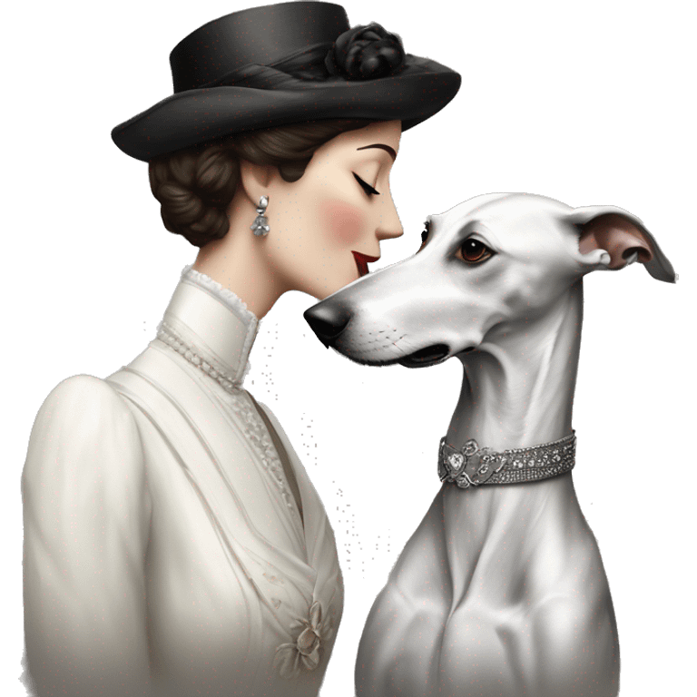 Two aristocrat dog black and white galgo kiss with women  emoji