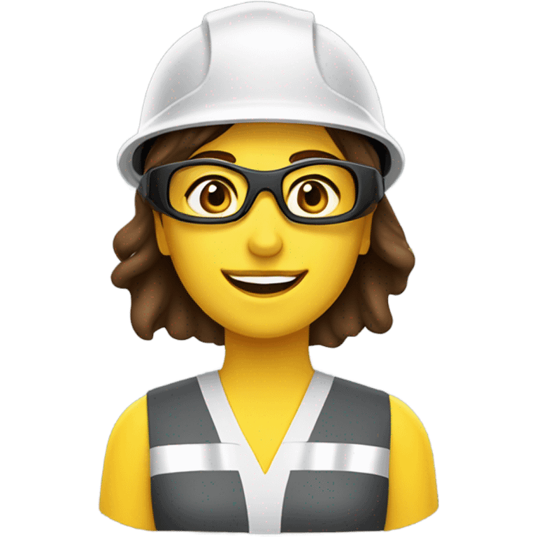 Caucasian woman with brown hair wearing a safety helmet, yellow safety vest, safety glasses and earplugs emoji