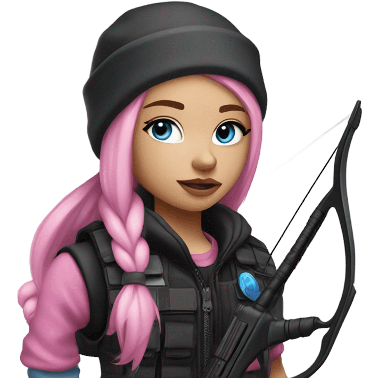 girl, white skin, tactical vest, dark pants, long pink hair, blue eyes, black beanie hat with crescent moon on front, black combat boots, bow and arrow emoji