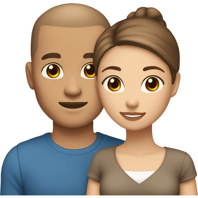 couple hugging. woman light skin tone, long brown hair, blue eyes. Man is medium skin tone, brown hair with buzz cut and brown eyes  emoji