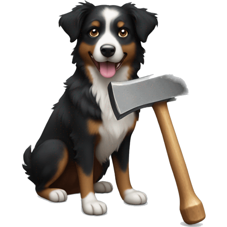 Small black australian shepherd dog building with hammer  emoji