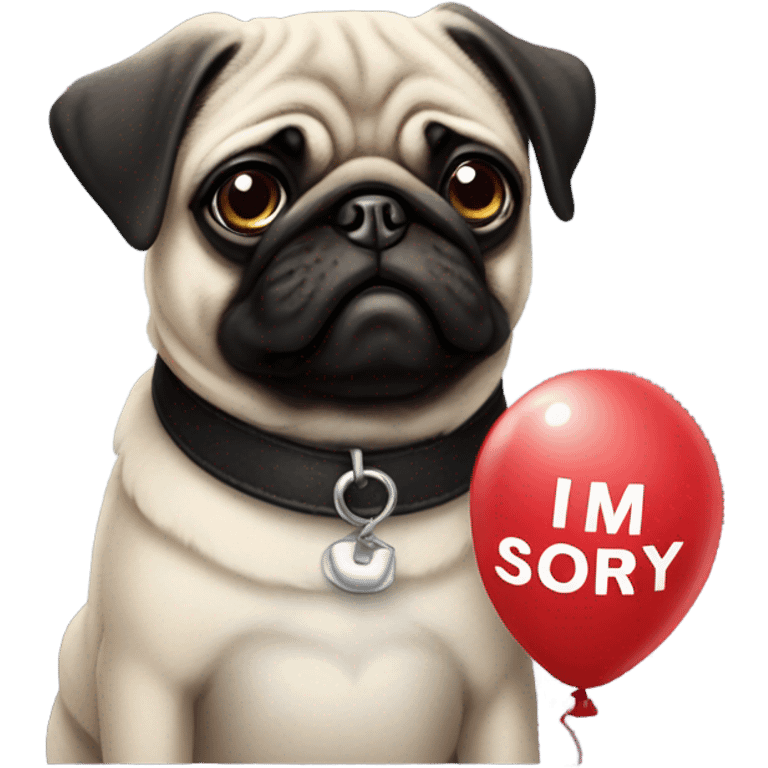 Black pug  and a ballon that says  “I’m sorry” emoji