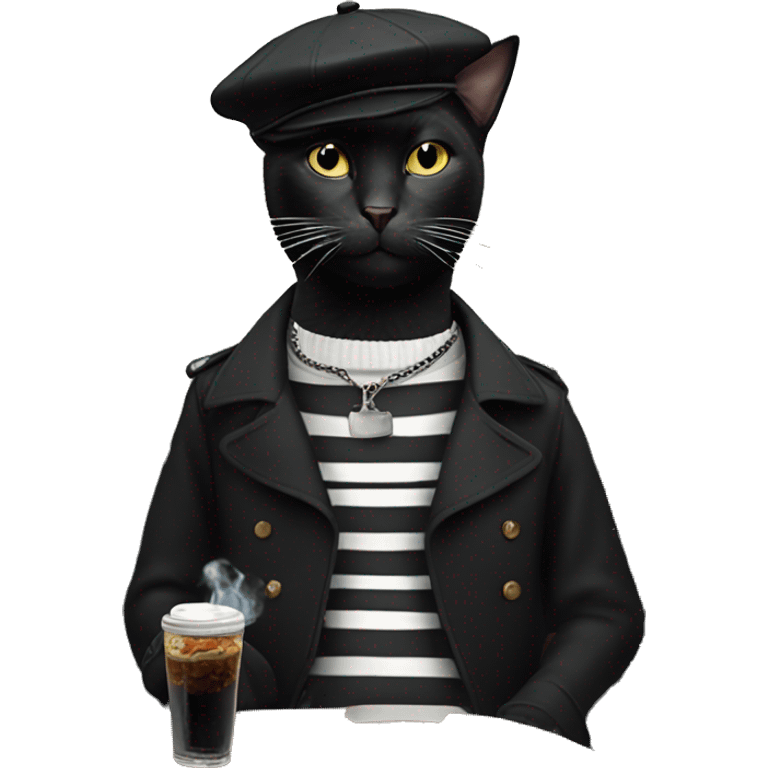 Black cat wearing a beret and a black and white striped shirt smoking a cigarette in a Parisian cafe emoji