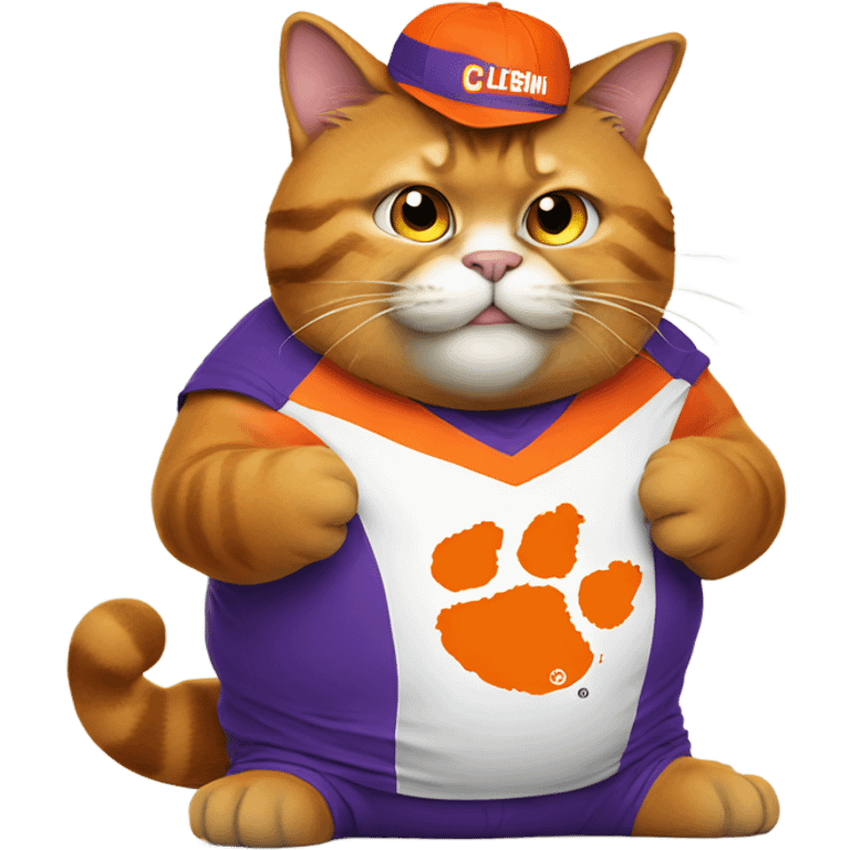 Fat cat wearing a Clemson shirt emoji