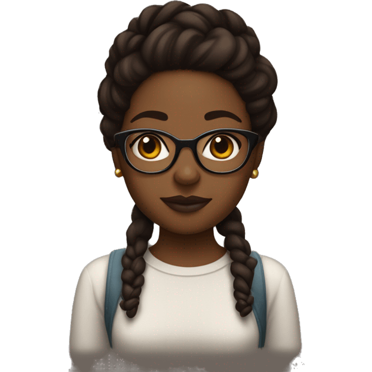 Black girl with really dark brown hair, with slightly dark faded ginger on the ends of her hair, with glasses slightly plump lips, dark brown eyes, nice thick brown brows, big cute nose emoji