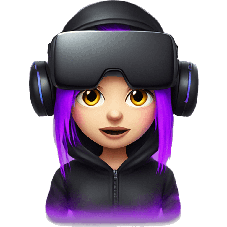 Russian girl wearing black hoody with violet letters "OMG", in vr headset. Cyberpunk style. Violet neon. emoji