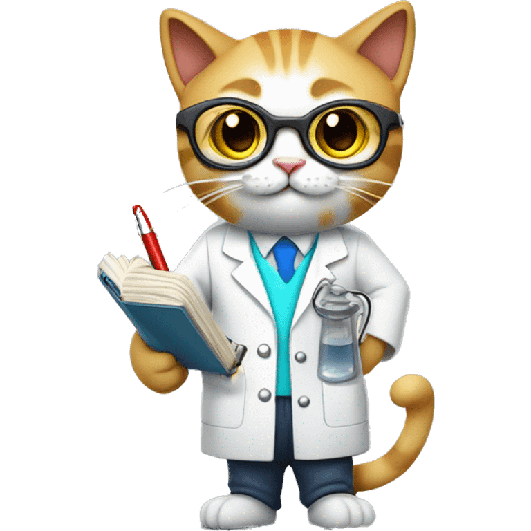 Cat wearing chemistry lab coat goggles and has notebook and a pen . show whole body emoji