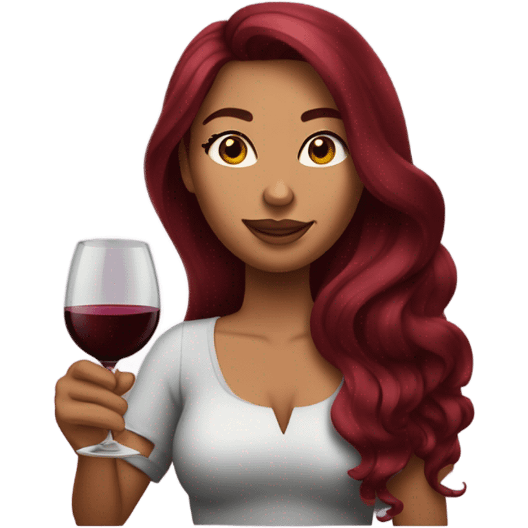 Tanned woman with long burgundy hair drinking wine and big eyelashes emoji