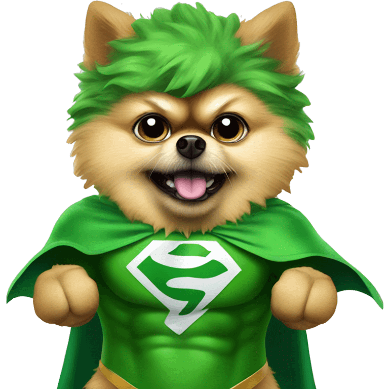 angry pomeranian in green superhero costume emoji