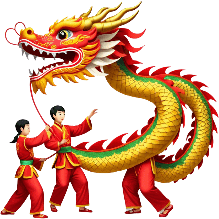 Cinematic Realistic scene of a traditional Chinese Dragon Dance featuring a team of performers skillfully manipulating a colossal, flexible dragon puppet, its intricately detailed, vibrant scales and flowing, embroidered fabric catching the light, set against a festive backdrop of red lanterns and dynamic red-tinged lighting that accentuates the majestic presence of the dragon puppet. emoji