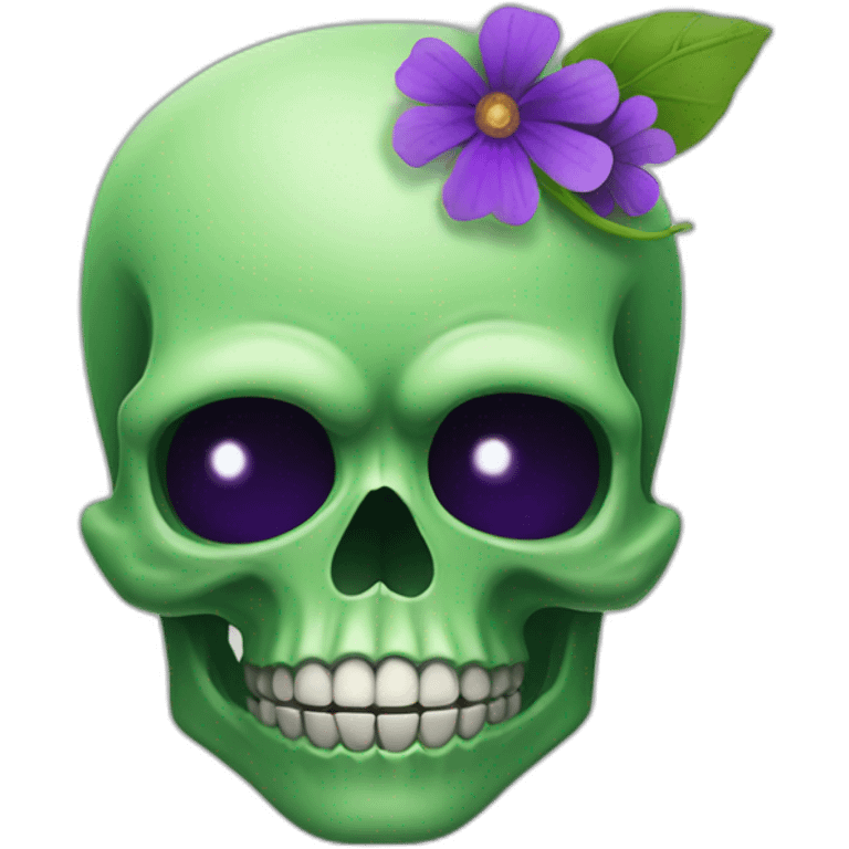 Green skull with purple flower coming out from eye socket emoji