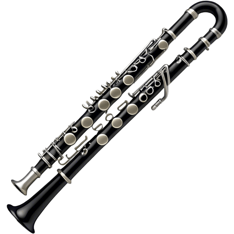 Create an emoji, representing a black standard clarinet. The design should feature a smooth, glossy black body of the clarinet with shiny, silver keys clearly visible. Highlight the intricate details of the mouthpiece and reed at the top, while the body of the instrument should remain simple and elegant. Add subtle musical notes or soundwaves floating around the instrument to symbolize its clear, melodic sound. Use black for the body, silver for the keys, and soft lighting effects to give the instrument a polished, sophisticated look. The background should be transparent. emoji