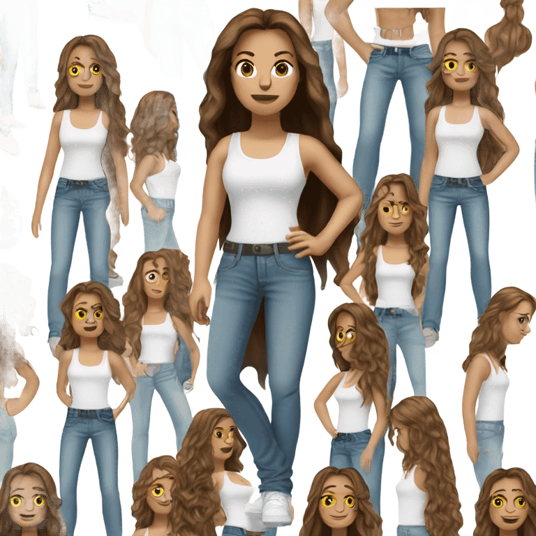 white girl with long layered hair hazelnut brown hair, dark green eyes and freckles standing wearing a white tank top and light blue denim jeans emoji