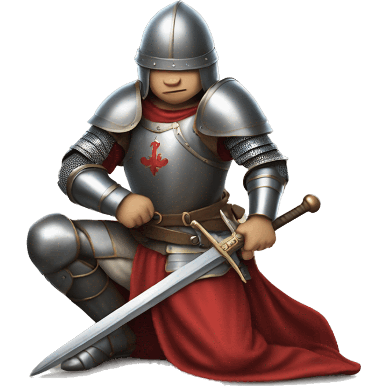 A person in medieval armor kneels with a sword, wearing a red garment reminiscent of Joan of Arc's legendary courage. emoji