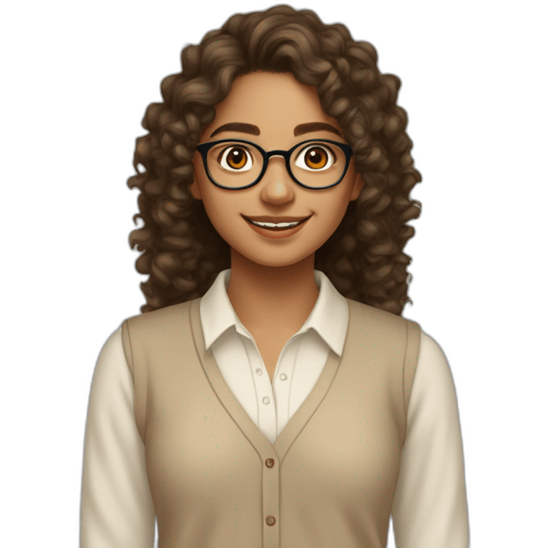 smiling indian teenage girl with curly hair and glasses wearing a collared long sleeve white shirt under a beige v shaped collar sweatervest with no buttons emoji