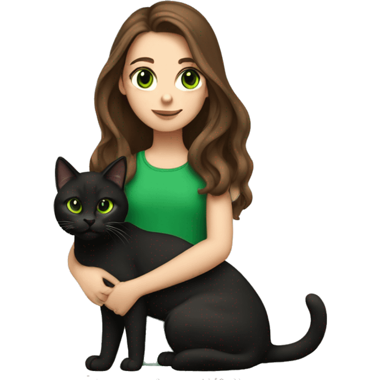 Girl with long brown hair and brown eyes holding a black green eyed cat emoji