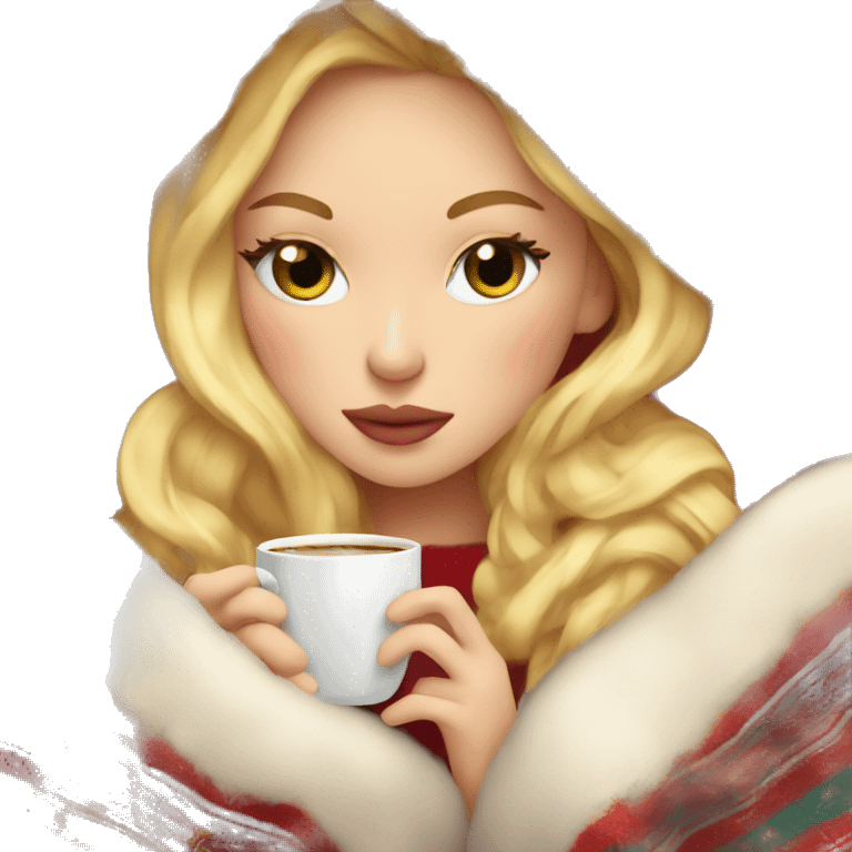 blonde girl inside a Christmas blanket sipping coffee eyes closed with soft makeup emoji