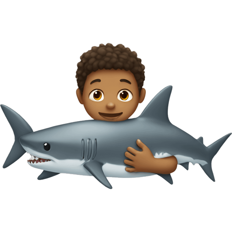 Tan little boy cuddling a shark emoji