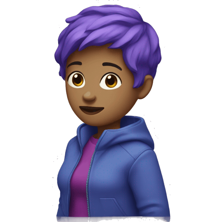 a girl with a purple short hair and purple jacket and blue hort jens emoji