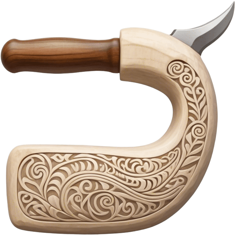 Scandinavian carving icon, whale bone with intricate Norse patterns, show chisels and carving tools, minimalistic style, clean lines, transparent background. emoji