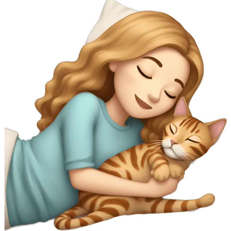 extremely light skin girl with light brown hair sleeping with cute bengal cat emoji