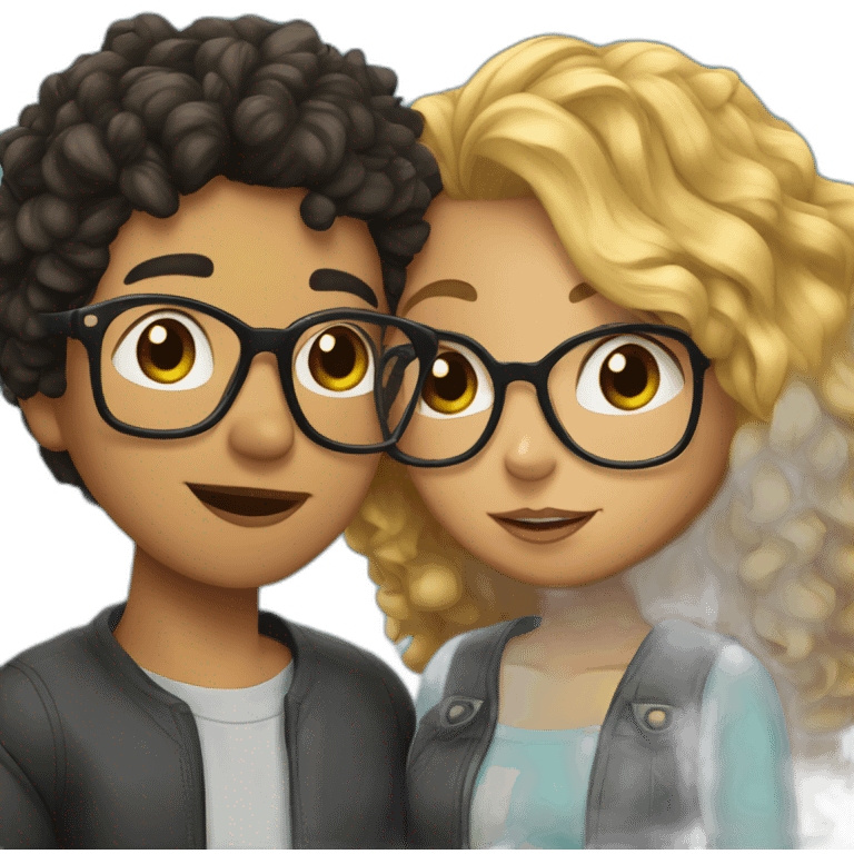 boy with curly blonde hair and glasses kissing girl with wavy black hair and glasses emoji