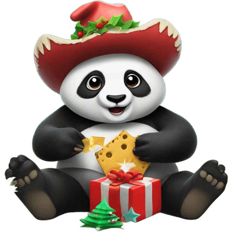 Panda wearing cowboy boots with a Christmas hat on, while sitting in a Christmas tree, holding a cracker, under the sea emoji