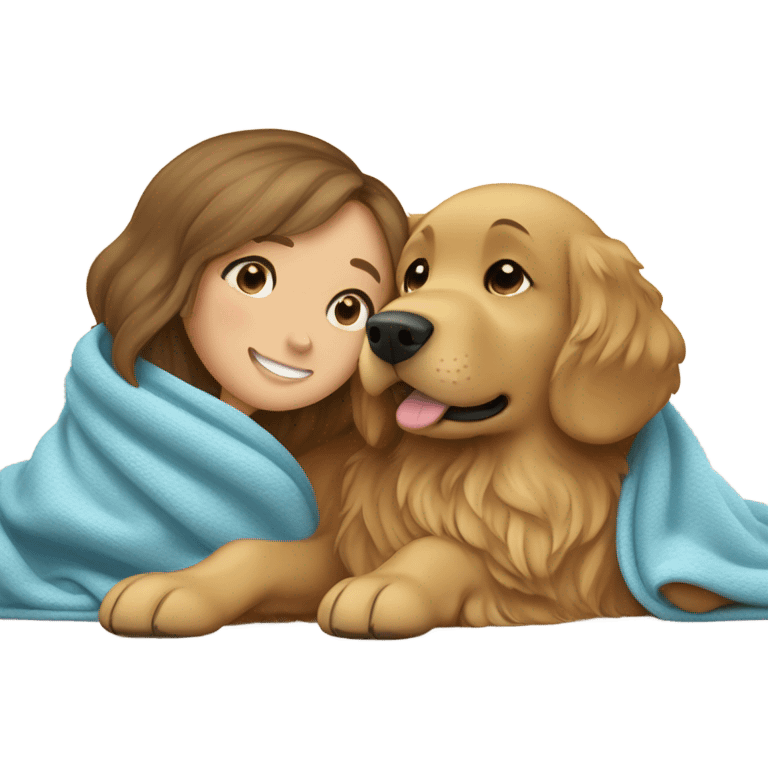 Golden retriever and brown hair blue eyed girl in blanket together  emoji